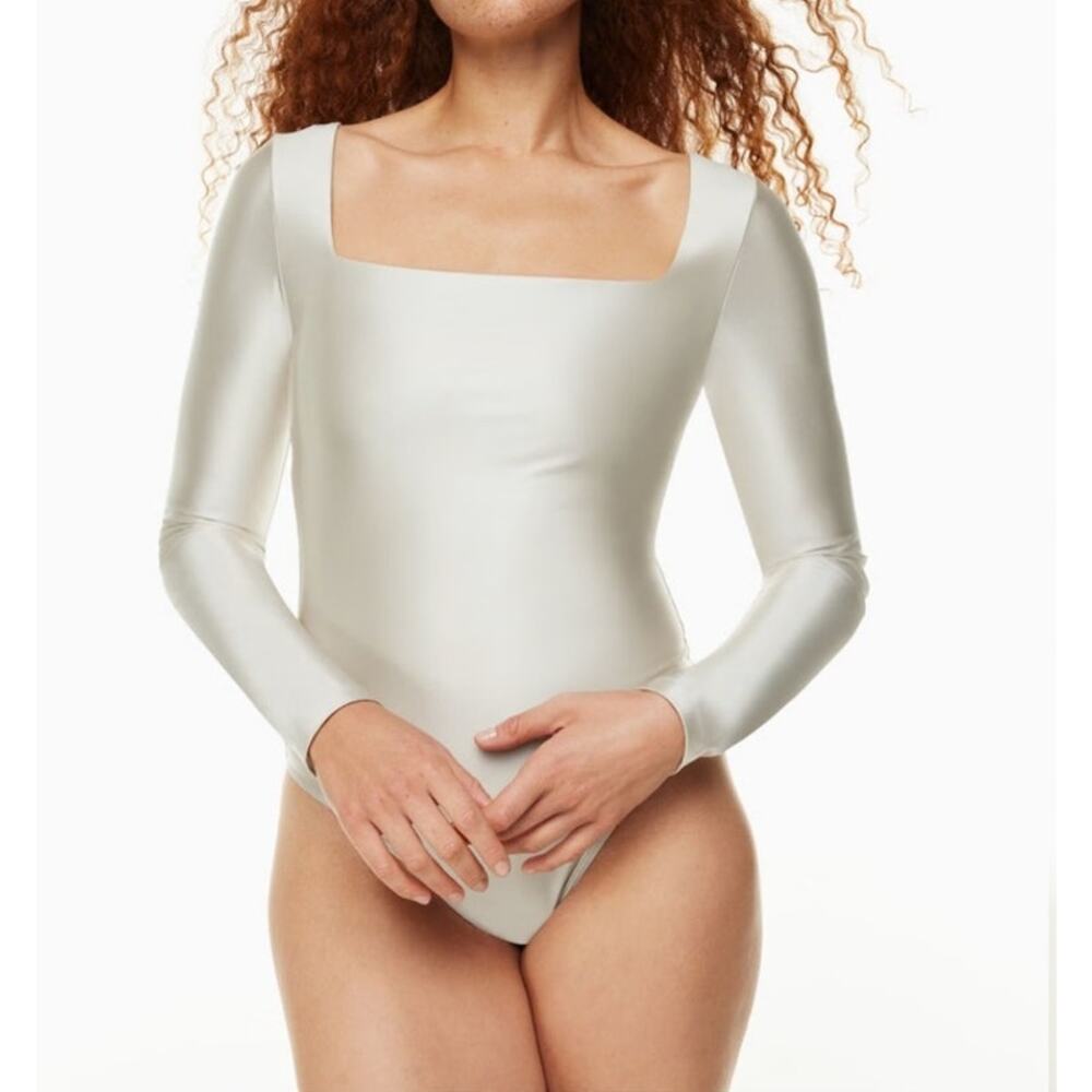 Babaton Bodysuit Silver Satinette Square Neck Long Sleeve Thong Cut Out Snap M